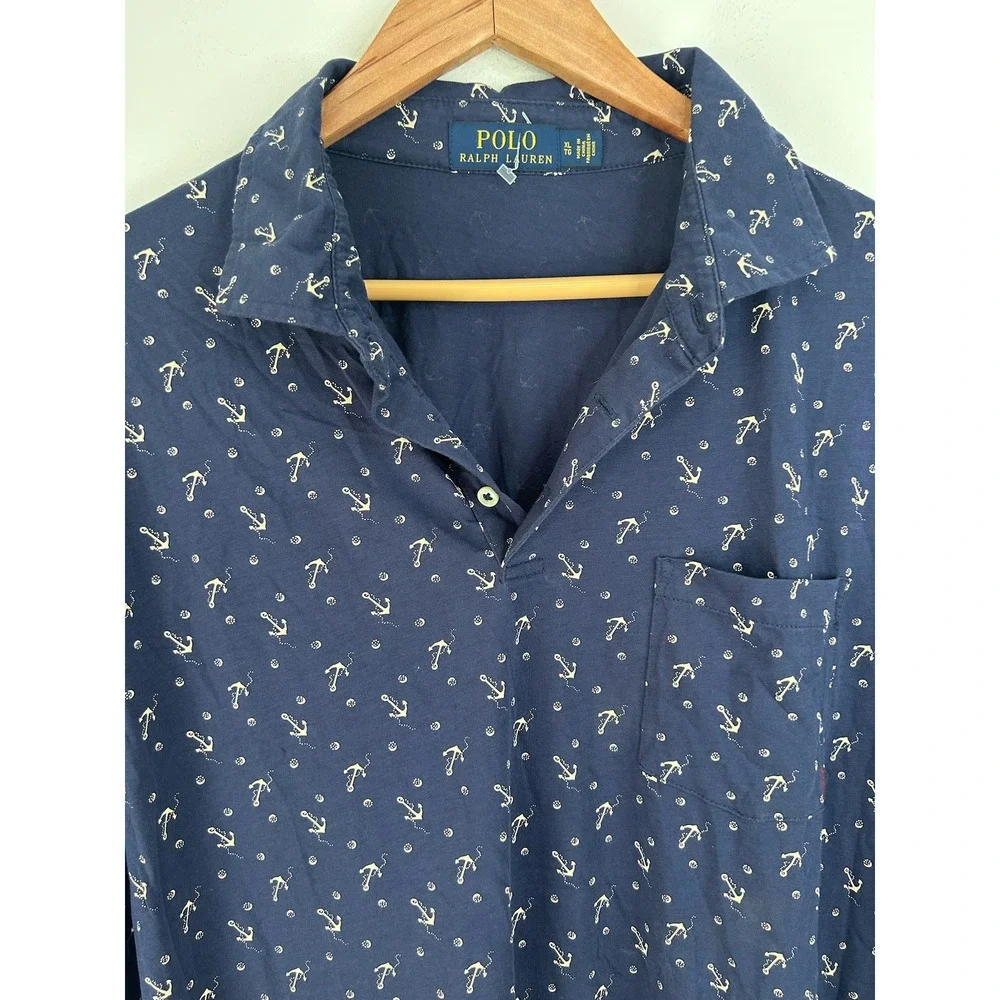 Polo Ralph Lauren Navy Blue Nautical Print Polo Shirt Mens XL Preppy Golf Cotton